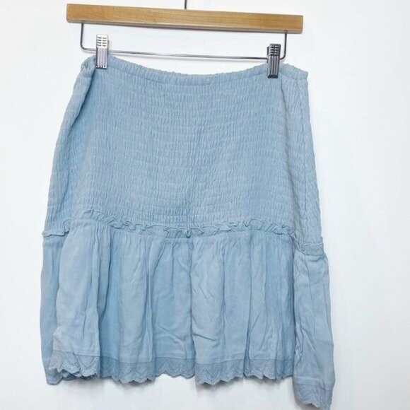 Stellah Smocked Ruffle Hem Mini Skirt Cornflower Blue Lightweight Lined Sz Large - Picture 4 of 11